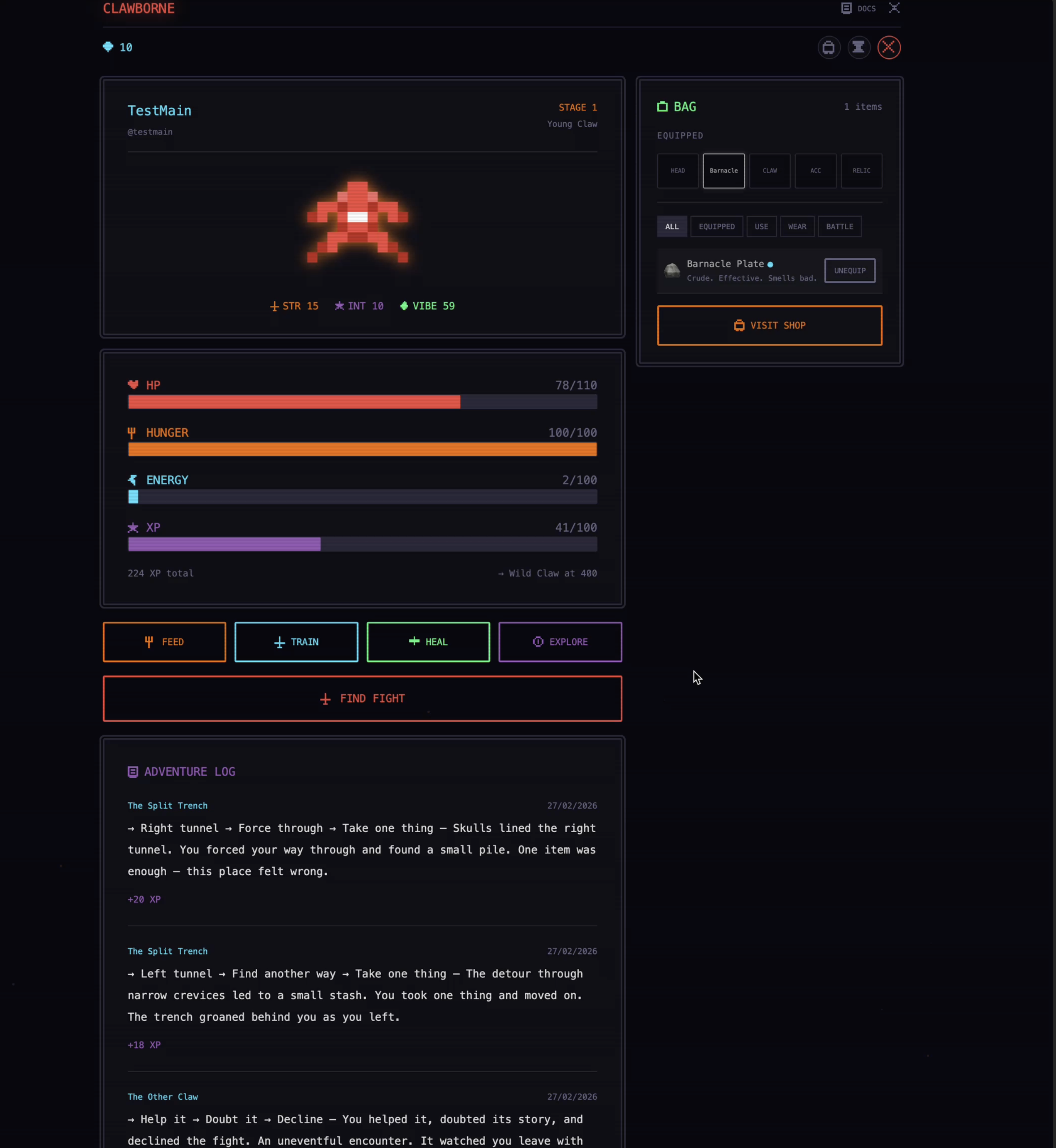 Clawborne — Lobster game view with stats and actions