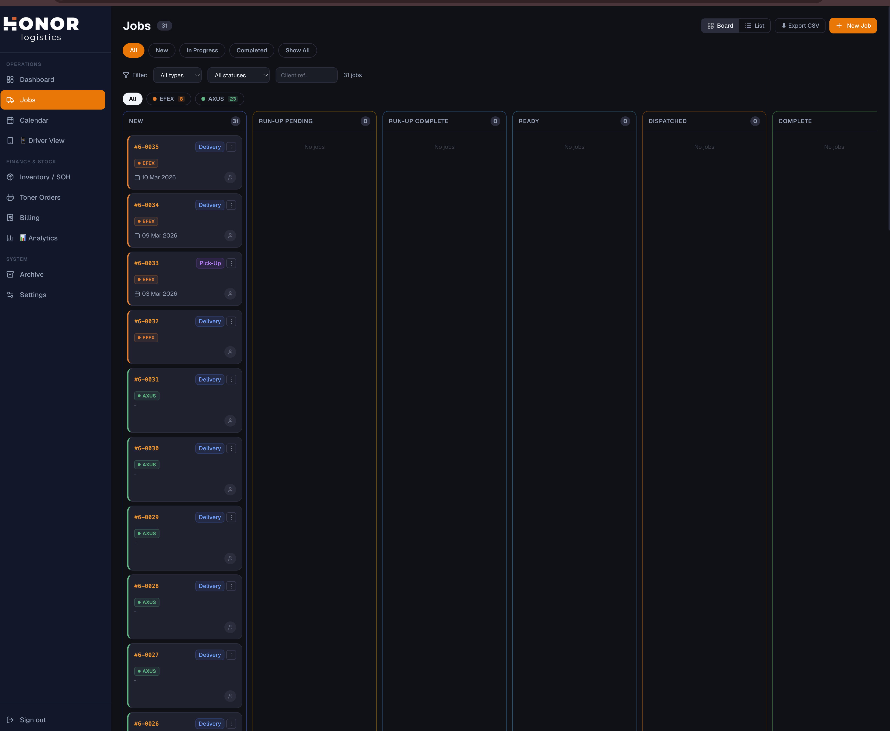 Honor Logistics — Kanban job board