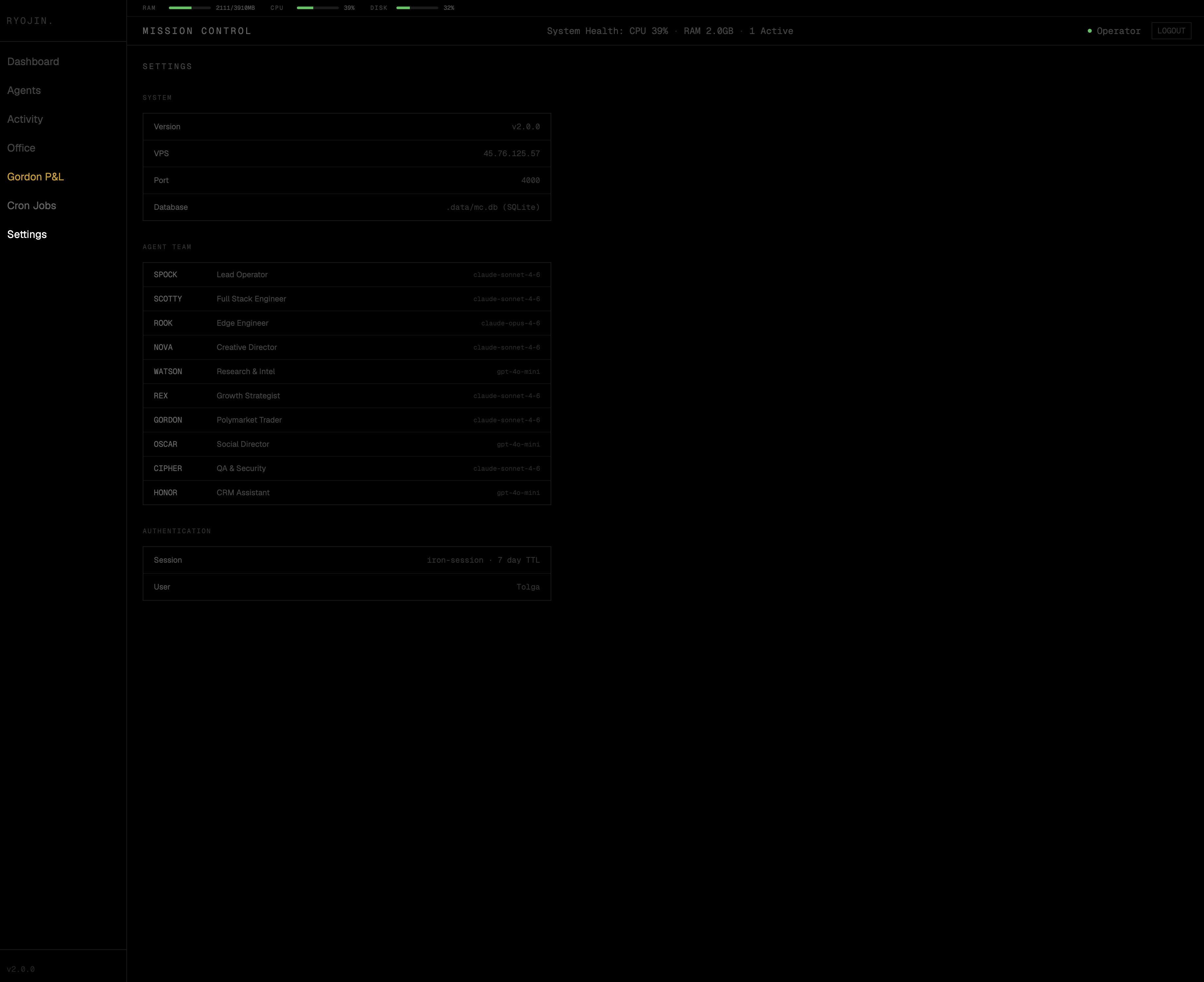 Mission Control — Settings: system info, agent team, auth